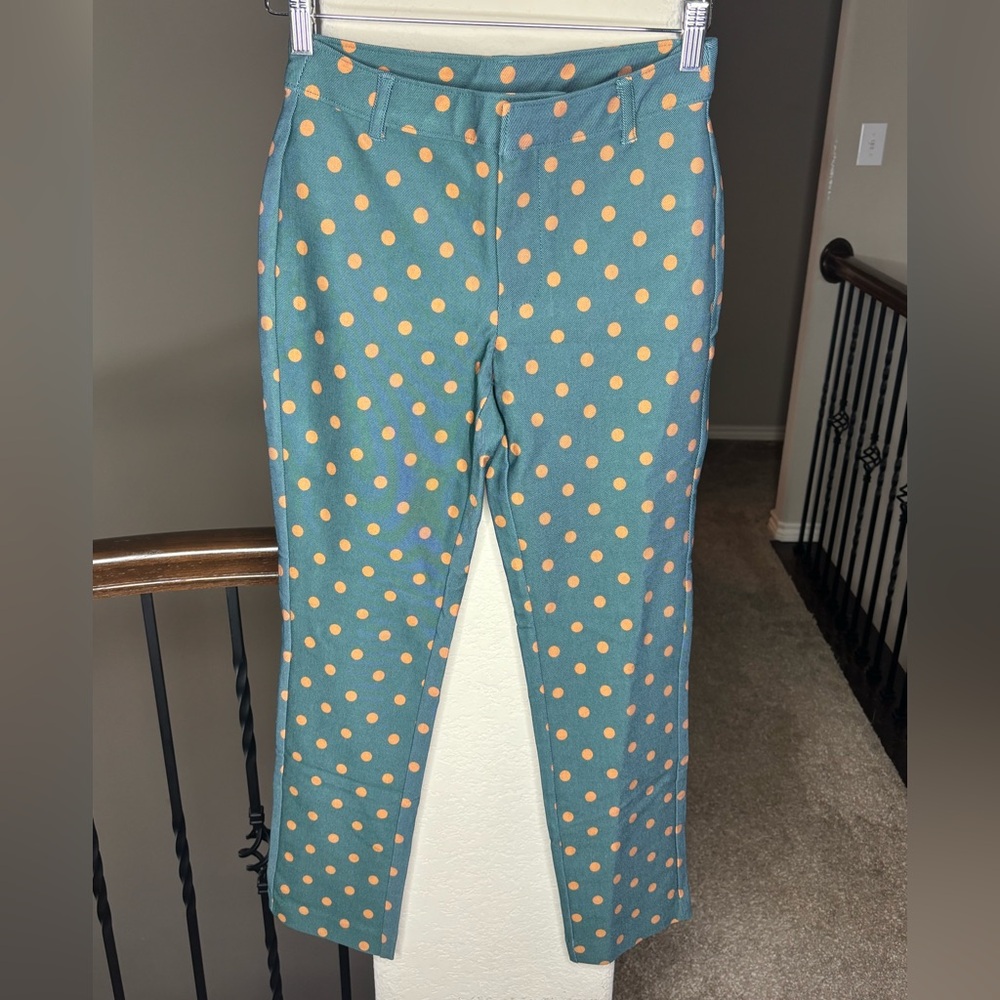 Free People Molly Printed Slim Pants in Emerald Polka Dot Size 2 NEW Boho Preppy